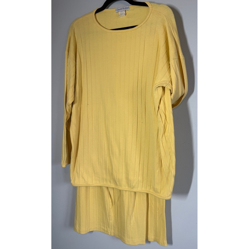 Vtg David Hollis Womens Skirt Set Sz L Yellow Ribbed Knit Retro 90s Grandma Core